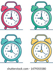 Alarm clocks pop colors vector graphic elements. Simple and ready to use.