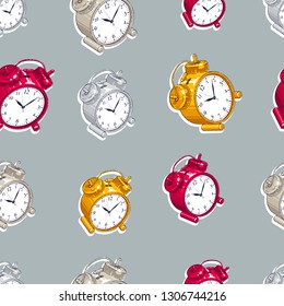 Alarm clocks seamless background, timer, deadline hurry and wake up concept, vector wallpaper or web site background.