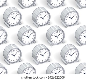 Alarm clocks seamless background, timer, deadline hurry and wake up concept, vector wallpaper or web site background.