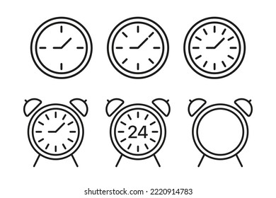 Alarm clocks set icon. Planning, watch, 24, around the clock, hand, schedule, morning, wake up, ring, reminder, event. Time management concept. Vector black set icon on a white background