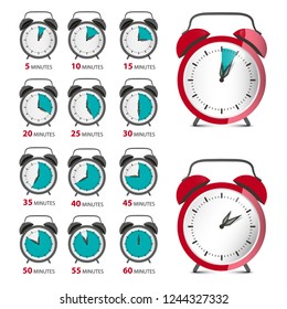 Alarm Clocks Set with Time Symbol. Vector Analog Counter Illustration.