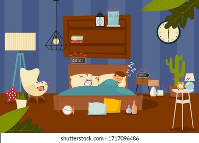 Alarm clocks vector illustration, awakening from sleep. Character man sleep in bed, many alarm clocks in bedroom ring at set time. Watch make loud sound for wakes up person flat banner.