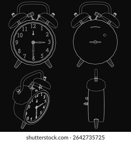 Alarm clocks with white faces and black numbers are arranged in a triangular formation on a solid black background. The largest clock is centered, flanked by two smaller ones, all with hands.