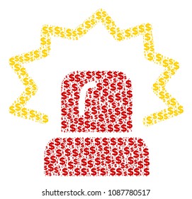 Alarm collage of dollars and circle spots. Vector banking icons are organized into alarm illustration.