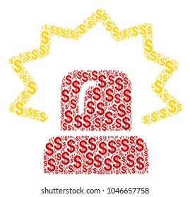 Alarm collage of dollars. Vector dollar symbols are united into alarm mosaic.