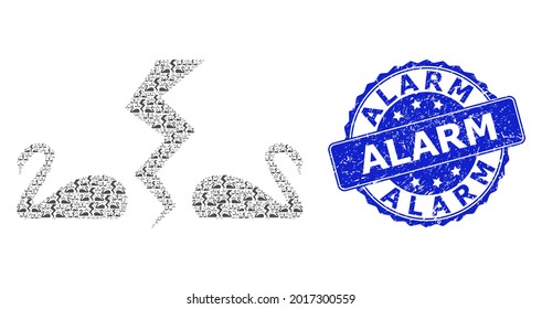 Alarm corroded round stamp and vector recursive mosaic divorce swans. Blue stamp includes Alarm caption inside round shape. Vector mosaic is made of randomized divorce swans icons.