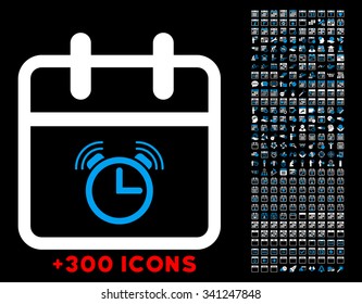 Alarm Date vector icon with additional 300 date and time management pictograms. Style is bicolor flat symbols, blue and white colors, rounded angles, black background.