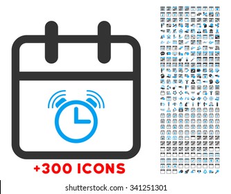 Alarm Date vector icon with additional 300 date and time management pictograms. Style is bicolor flat symbols, blue and gray colors, rounded angles, white background.