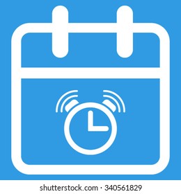 Alarm Date vector icon. Style is flat symbol, white color, rounded angles, blue background.