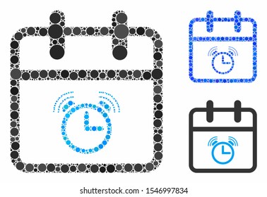 Alarm day composition of small circles in different sizes and color tints, based on alarm day icon. Vector small circles are combined into blue collage.
