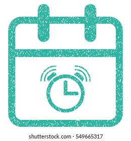 Alarm Day grainy textured icon for overlay watermark stamps. Flat symbol with dirty texture. Dotted vector cyan ink rubber seal stamp with grunge design on a white background.
