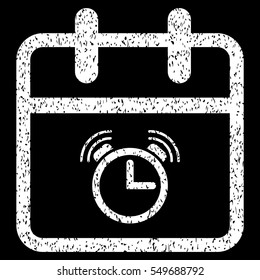 Alarm Day grainy textured icon for overlay watermark stamps. Flat symbol with scratched texture. Dotted vector white ink rubber seal stamp with grunge design on a black background.