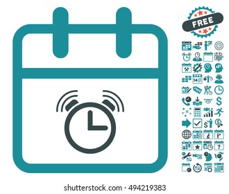 Alarm Day pictograph with bonus calendar and time management symbols. Vector illustration style is flat iconic bicolor symbols, soft blue colors, white background.