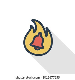 alarm fire bell, alert ring, firefighter help thin line flat icon. Linear vector illustration. Pictogram isolated on white background. Colorful long shadow design.
