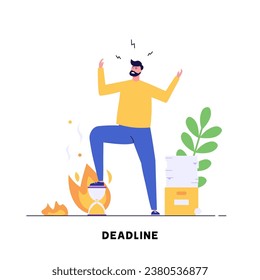Alarm in fire, burning clock, man is in panic, exhausting, stressing. Concept of time management, deadline, self control, self discipline, office life. Vector illustration in flat cartoon design