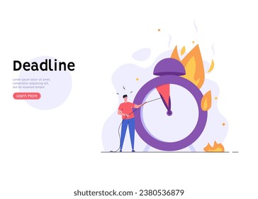 Alarma en fuego, reloj en llamas, hombre en pánico, agotador, estresante. Concepto de gestión del tiempo, plazo, autocontrol, autodisciplina, vida de oficina. Ilustración vectorial en diseño de dibujos animados planos