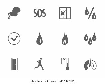 Alarm, fire detectors, humidity, motion, temperature, glass break, icons, monochrome. Vector dark gray image on a white background. Pictures for the sensors. 