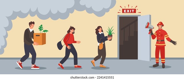 Alarm fire evacuation. Office safety. People leaving work on escape. Emergency workplace door. Flame alert. Workers running to exit. Fireman with megaphone. Vector cartoon tidy concept