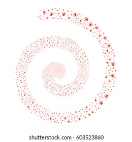 Alarm fireworks burst spiral. Vector illustration style is flat bicolor intensive red and orange scattered symbols. Object whirlpool combined from random symbols.