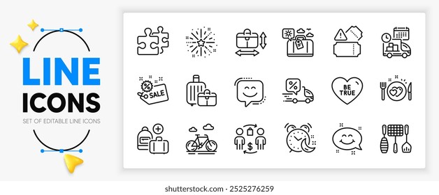 Alarm, Fireworks explosion and Baggage line icons set for app include Handbag size, Travel luggage, Smile face outline thin icon. Delivery, Puzzle, Tickets pictogram icon. Buying process. Vector