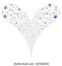Alarm fireworks stream. Vector illustration style is flat bright multicolored iconic symbols on a white background. Object double fountain combined from random pictographs.