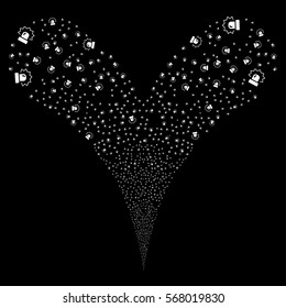 Alarm fireworks stream. Vector illustration style is flat white iconic symbols on a black background. Object double fountain done from random pictograms.