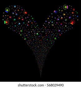 Alarm fireworks stream. Vector illustration style is flat bright multicolored iconic symbols on a black background. Object double fountain organized from random design elements.