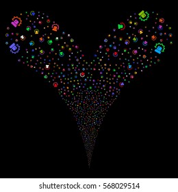 Alarm fireworks stream. Vector illustration style is flat bright multicolored iconic symbols on a black background. Object double fountain combined from random pictograms.