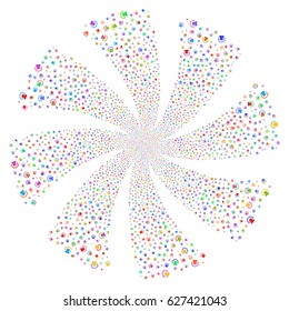 Alarm fireworks swirl rotation. Vector illustration style is flat bright multicolored iconic symbols on a white background. Object spiral organized from random design elements.