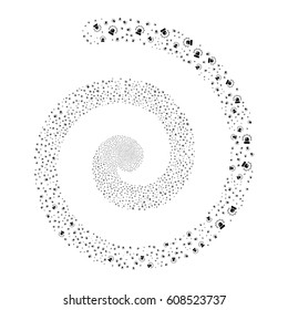 Alarm fireworks whirlpool spiral. Vector illustration style is flat black scattered symbols. Object burst constructed from random pictographs.