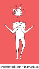 The alarm goes off in the morning, and the man who wakes up is getting angry. I want to get some more sleep. Vector illustration. White and black outlines and colored background.