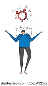 The alarm goes off in the morning, and the man who wakes up is getting angry. I want to get some more sleep. Vector illustration. Black outlines, colored and white background.