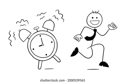 Alarm goes off and stickman businessman character running, vector cartoon illustration. Black outlined and white colored.