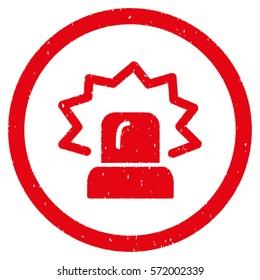 Alarm grainy textured icon inside circle for overlay watermark stamps. Flat symbol with dirty texture. Circled dotted vector red ink rubber seal stamp with grunge design on a white background.