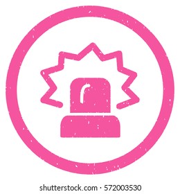 Alarm grainy textured icon inside circle for overlay watermark stamps. Flat symbol with dust texture. Circled dotted vector pink ink rubber seal stamp with grunge design on a white background.