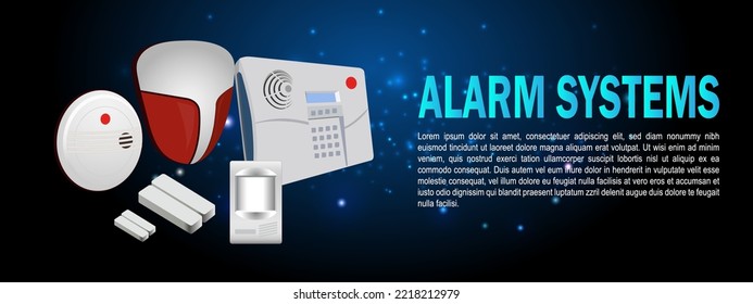 Alarm And Home Security System, Motion Detector, Alarm Siren, Alarm System, Door Contact And Gas Sensor. Instruction Alarm System. Vector.