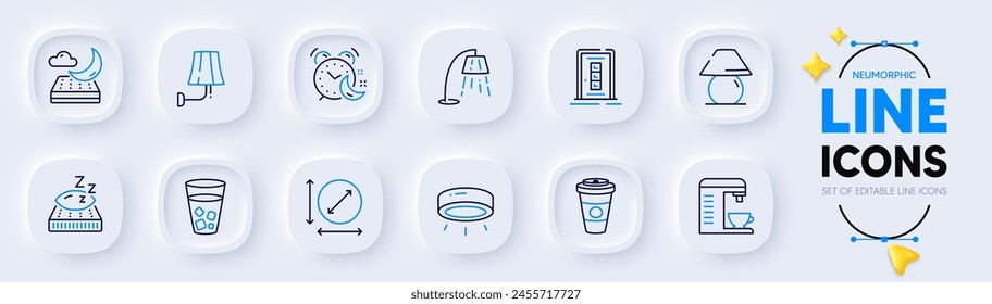 Alarm, Ice tea and Takeaway coffee line icons for web app. Pack of Wall lamp, Night mattress, Stand lamp pictogram icons. Mattress, Circle area, Coffee machine signs. Door. Night clock. Vector