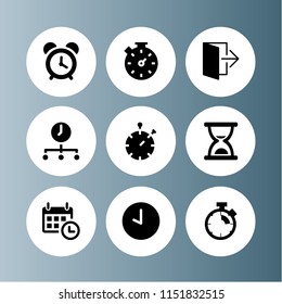 alarm icon. 9 alarm set with exit, stopwatch, clock and calendar with a clock time tools vector icons for web and mobile app