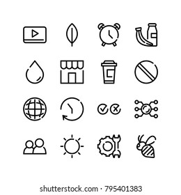 Alarm icon with bee, sun and time editable symbols. Set of clock, wrench, leaves icons and takeout coffee concept. Editable vector elements for logo app UI design.