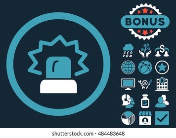 Alarm icon with bonus elements. Vector illustration style is flat iconic bicolor symbols, blue and white colors, dark blue background.