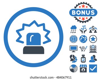 Alarm icon with bonus symbols. Vector illustration style is flat iconic bicolor symbols, smooth blue colors, white background.