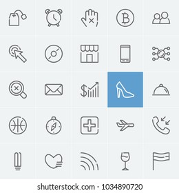 Alarm icon with call, shoe and smartphone editable symbols. Set of cryptocurrency, digital money, geography icons and goblet concept. Editable vector elements for logo app UI design.