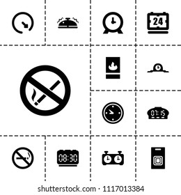 Alarm icon. collection of 13 alarm filled icons such as no smoking, clock, bell, fire protection, door bell, wall clock. editable alarm icons for web and mobile.