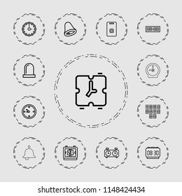 Alarm icon. collection of 13 alarm outline icons such as clock, door ringer, siren, wall clock, digital clock, bell. editable alarm icons for web and mobile.