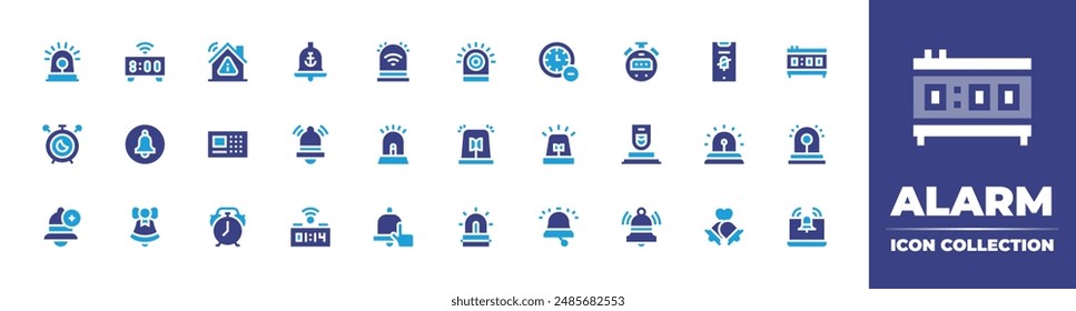 Alarm icon collection. Duotone color. Vector illustration. Containing alarmclock, alarm, siren, bell, danger, packardbell, notification, digitalclock, clock.