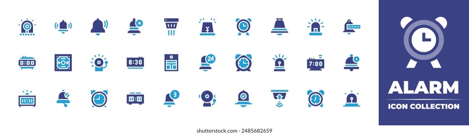 Alarm icon collection. Duotone color. Vector illustration. Containing notificationbell, alarmclock, alarm, firealarm, noalarm, smokedetector, bell, siren, clock, notification.