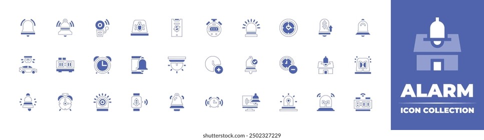 Alarm icon collection. Duotone style line stroke and bold. Vector illustration. Containing alarm, alarmclock, alarmbell, bell, car, digitalclock, smartwatch, alert, silence.