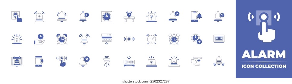 Alarm icon collection. Duotone style line stroke and bold. Vector illustration. Containing alarm, firealarm, timer, notification, delete, time, siren, smarthome, notificationbell, smokedetector.