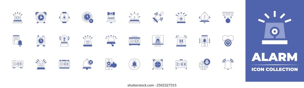 Alarm icon collection. Duotone style line stroke and bold. Vector illustration. Containing siren, alarmclock, digitalalarmclock, alarm, notification, bell, book, like, remove, alert.