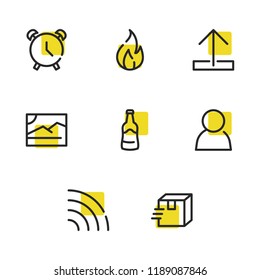 Alarm icon with delivery, person and beer bottle symbols. Set of human, arrow, wifi icons and wireless network concept. Editable vector elements for logo app UI design.